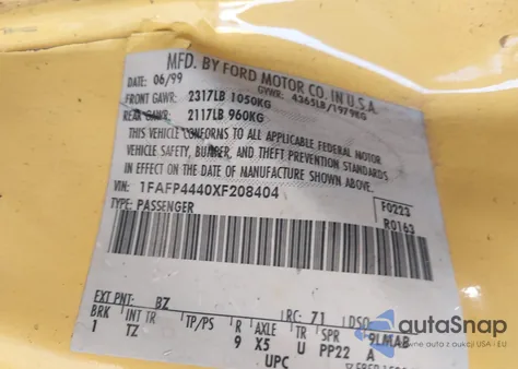 1999 Ford Mustang z USA, uszkodzony, nr VIN 1FAFP4440XF208404